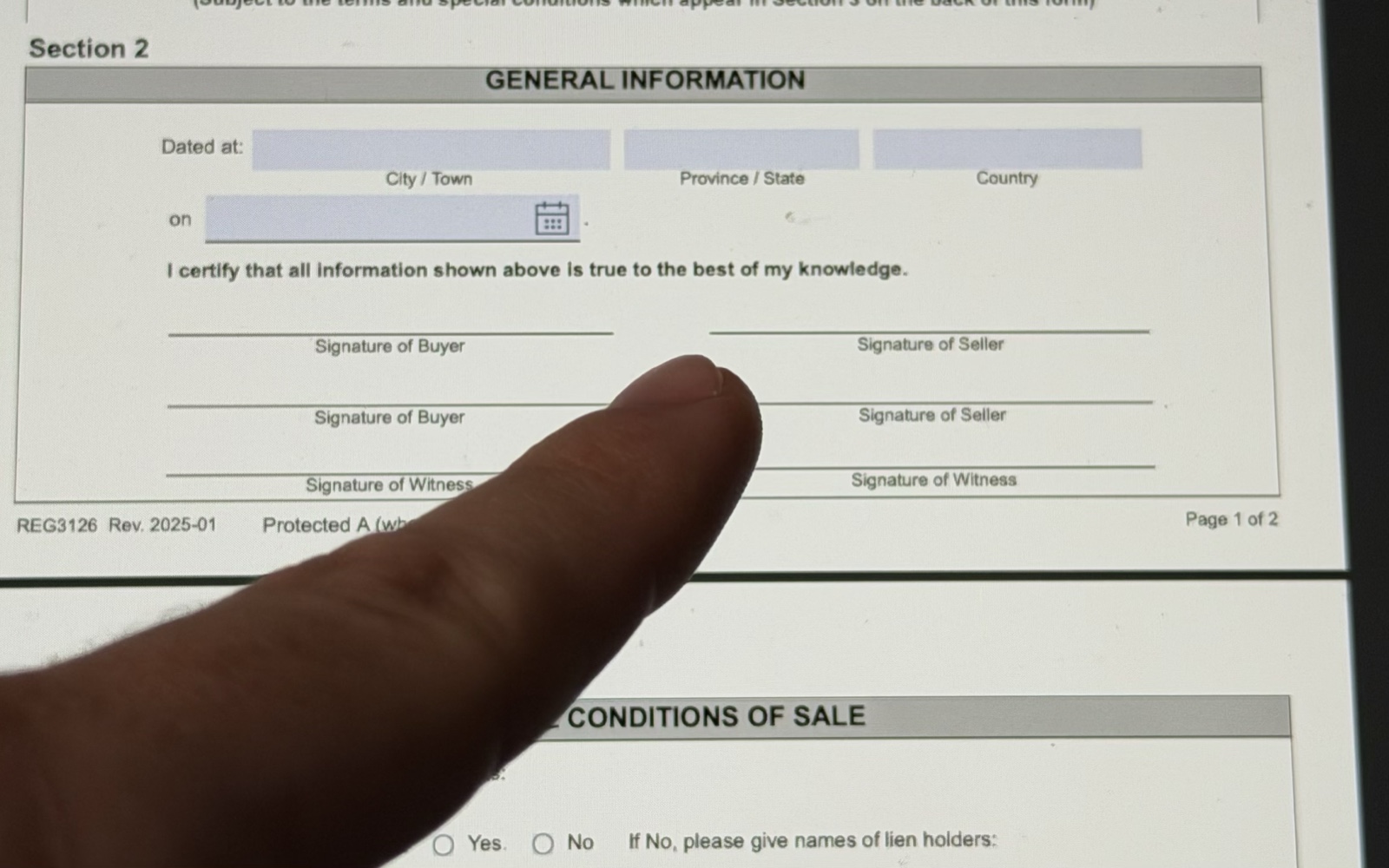 A finger resting on the second of the two Signature of Seller lines in Section 2 of the bill of sale, the first seller line directly above it and the buyer and witness lines alongside