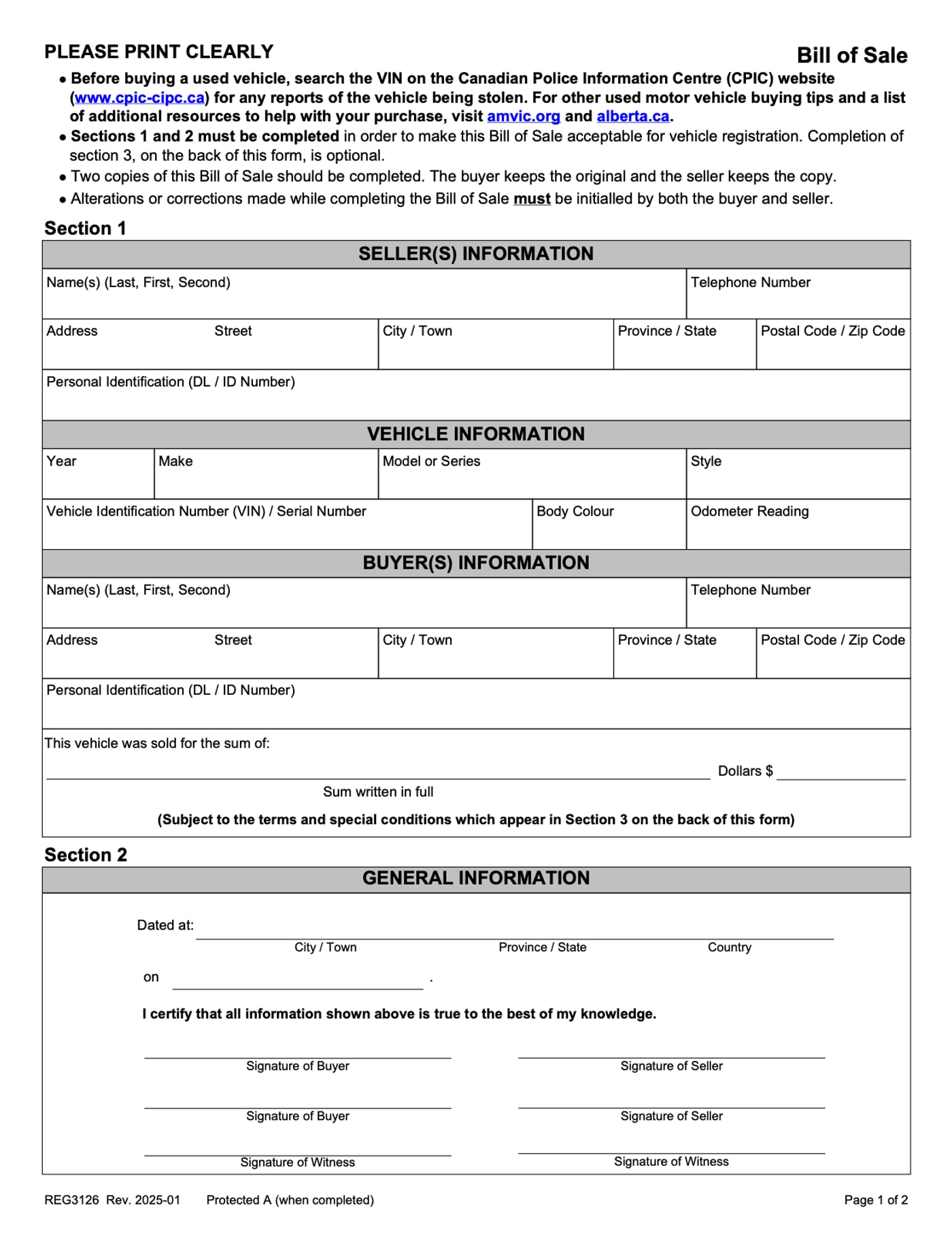 Page one of Alberta's standard Bill of Sale form, REG3126, showing the seller, vehicle and buyer sections and the signature lines