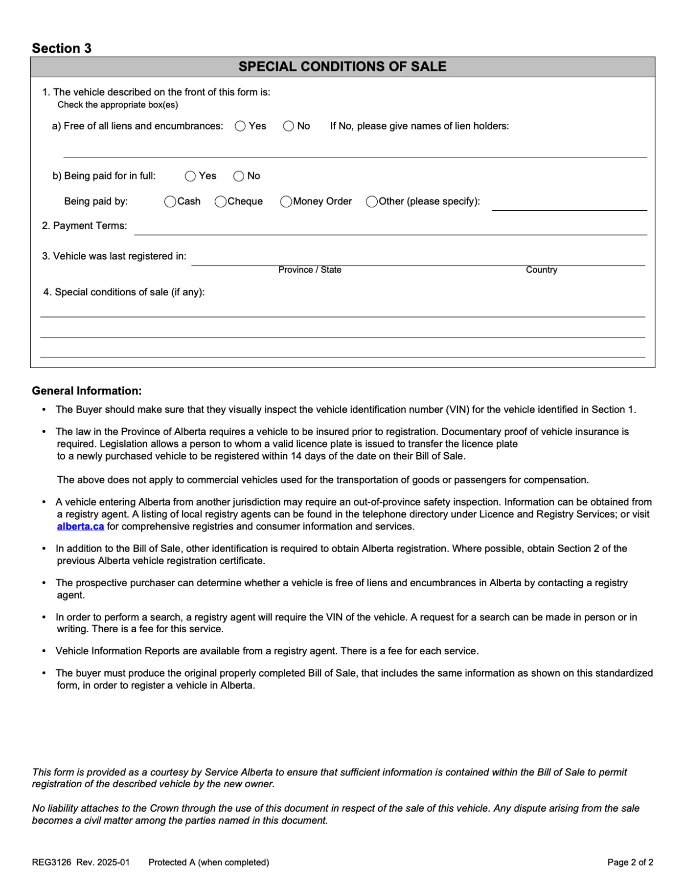 Page two of Alberta's standard Bill of Sale form, showing the General Information notes at the foot of the page, including the 14 day licence plate rule and the note on checking for liens