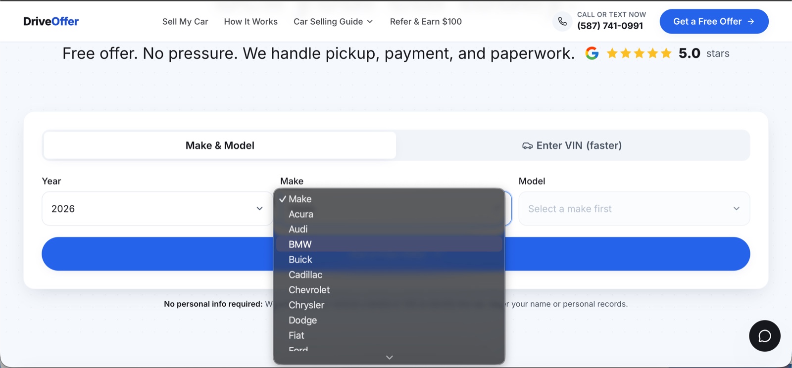 The offer form on the DriveOffer homepage with the Make and Model tab selected and the list of manufacturers open