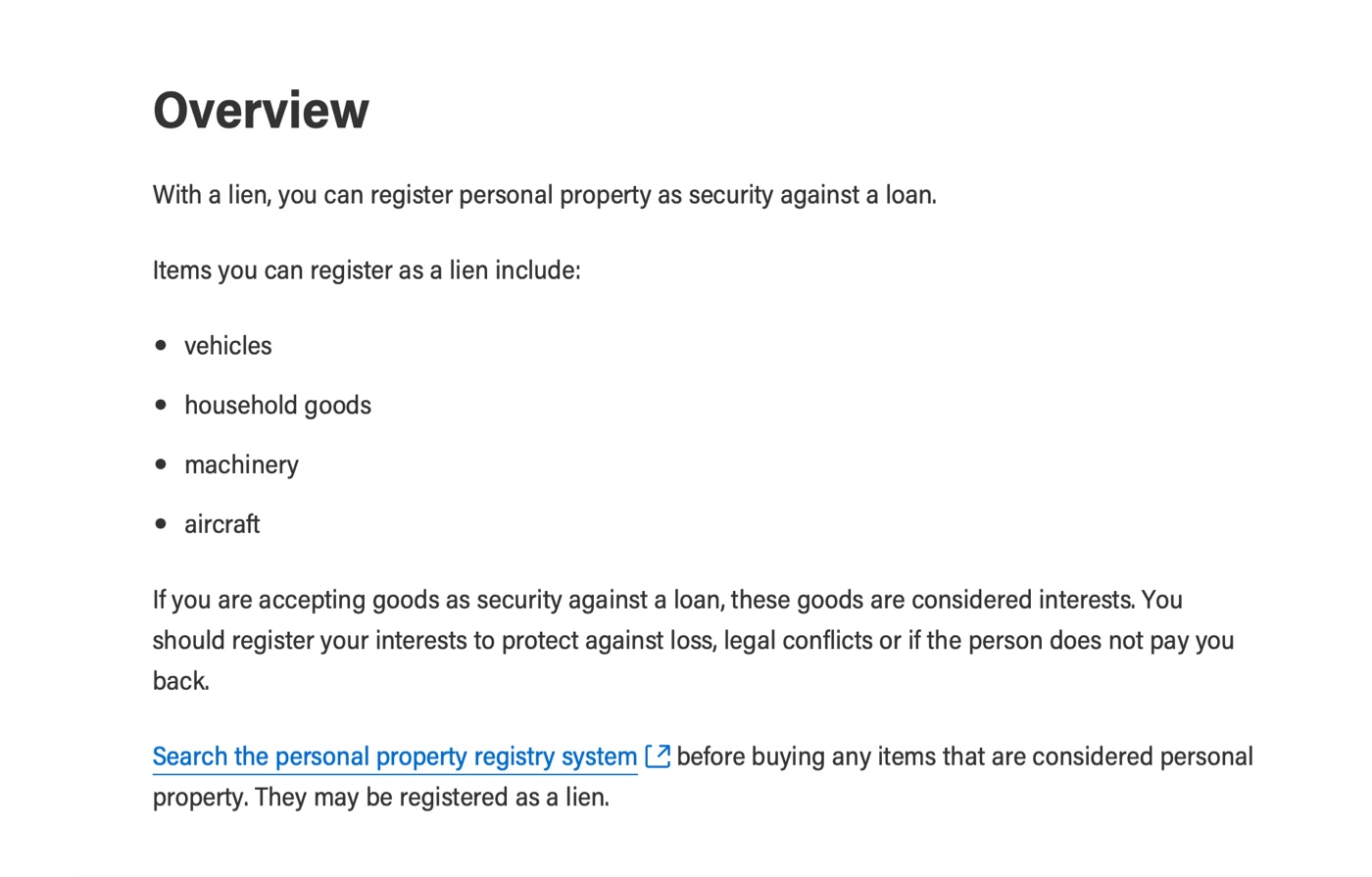 The overview section of Alberta's personal property liens page, listing what can be registered as a lien and linking through to the registry search