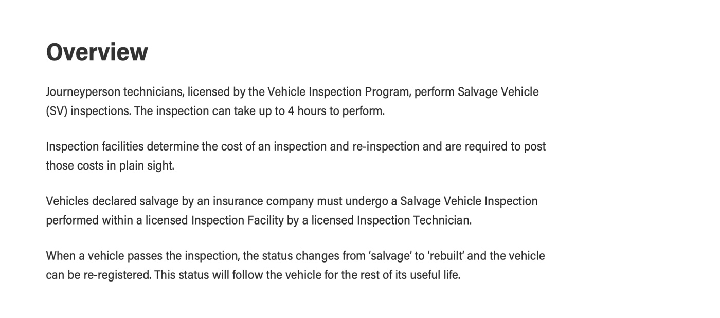 The overview section of Alberta's salvage vehicle inspection page, setting out who is licensed to perform the inspection, how long it takes, and what happens to a vehicle that passes
